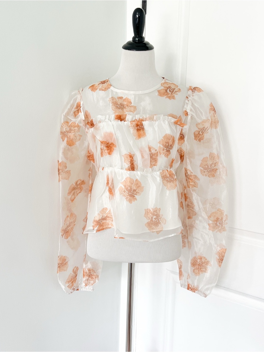 Whiteroom+Cactus Sheer Ivory Organza Blouse with Peach Floral - Large